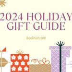 promo for Book Riot's 2024 holiday gift guide. Text announcing the gift guide hovers over graphics of gift boxes in assorted wrapping paper and ribbon combinations