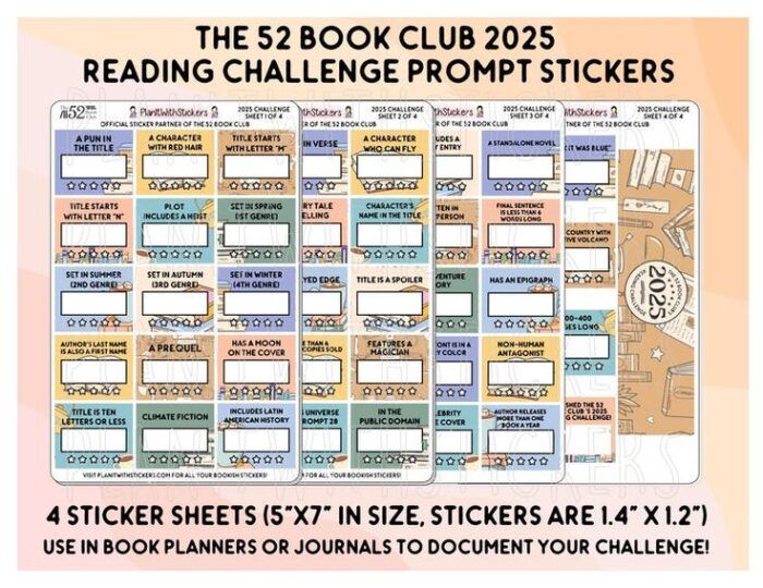 an image of several brightly colored sticker sheets. the stickers have different reading prompts, and the title say The 52 Book Club Reading Challenge Prompt Stickers 