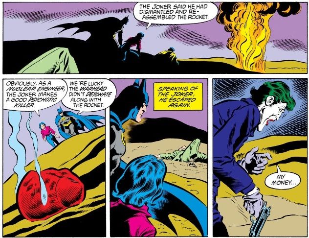 Batman and Robin witness a distant explosion and remark on how it was caused by the Joker's missile. Joker laments the fiery loss of his payday for said missile.