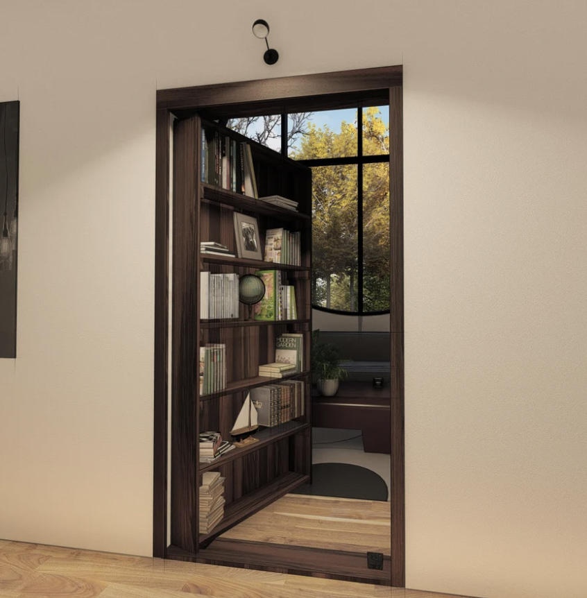 Photo of a door disguised as a bookcase that opens into a hidden room