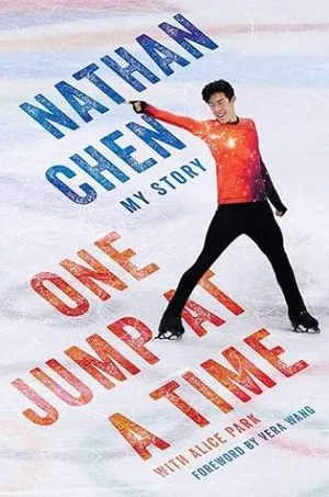 cover of One Jump at a Time: My Story by Nathan Chen; photo of author, a young Asian man, skating on ice