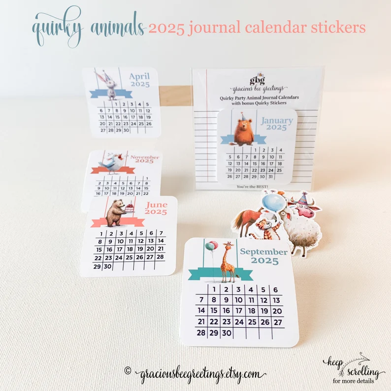 Monthly stickers for bullet journal with an illustrated animal on each month