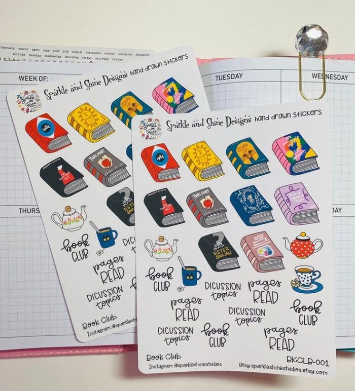 image of sticker sheets with small colorful books and book related reminders 