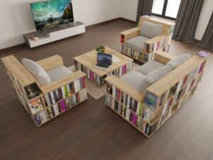 PlansForWoodworkers photo of a living room where all the furniture doubles as bookcases