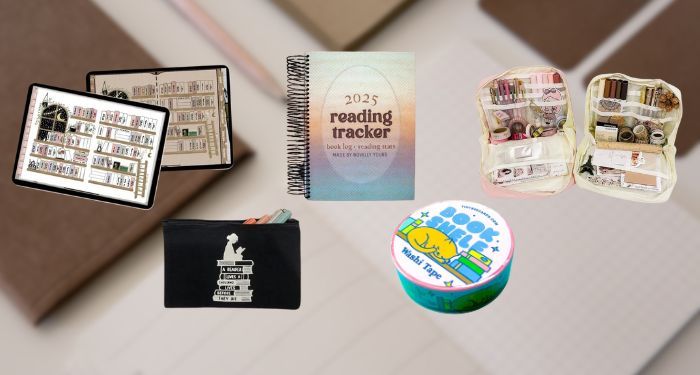 assorted images of bookish planning supplies