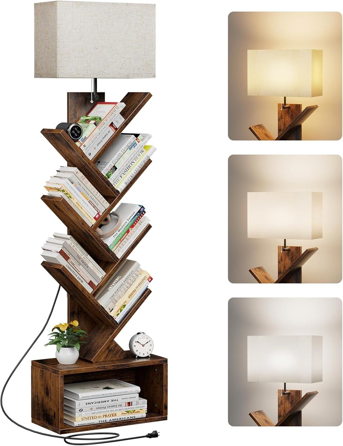 a bookshelf tree that has a lamp running through the middle