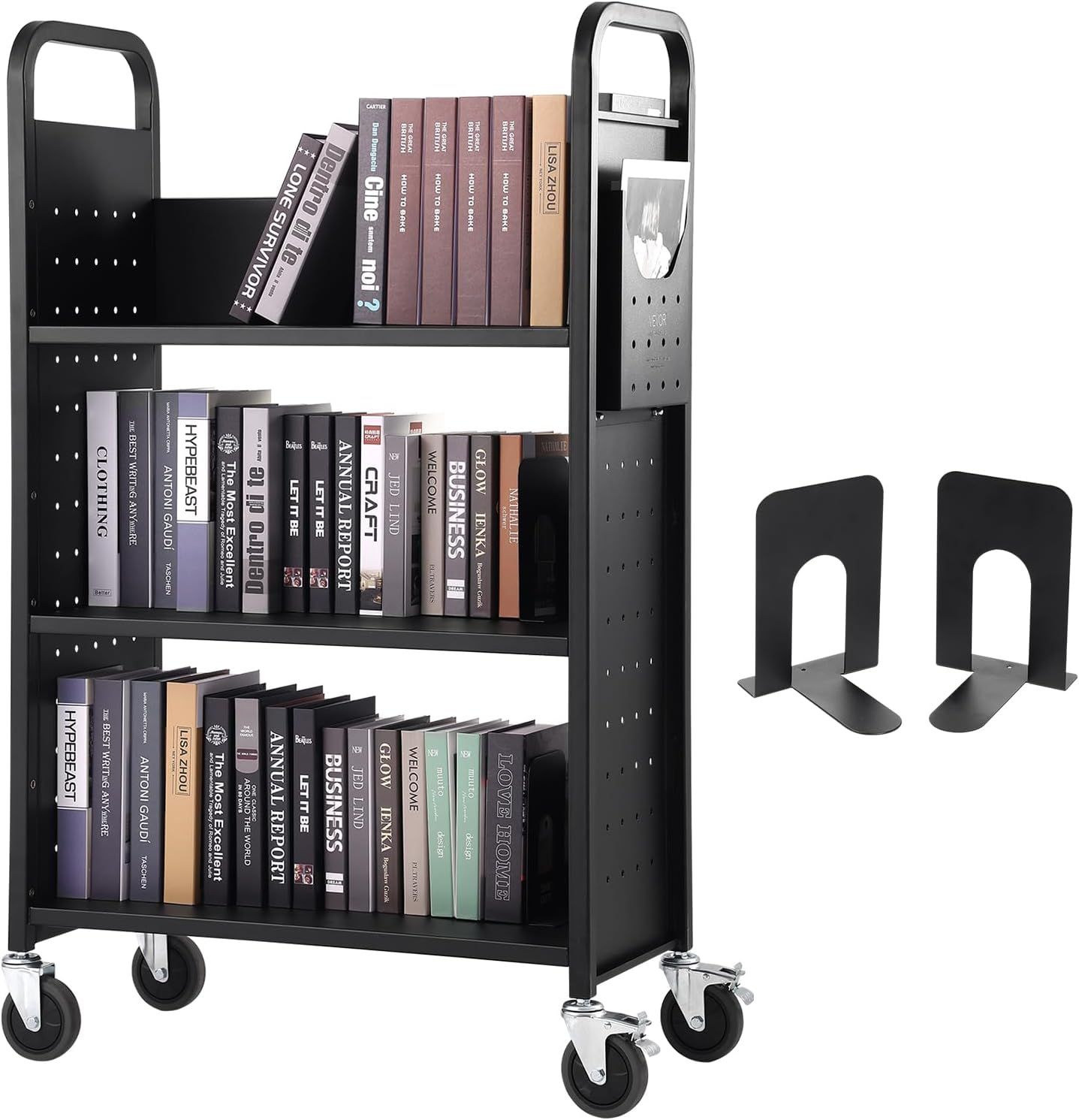 three shelf black rolling library cart