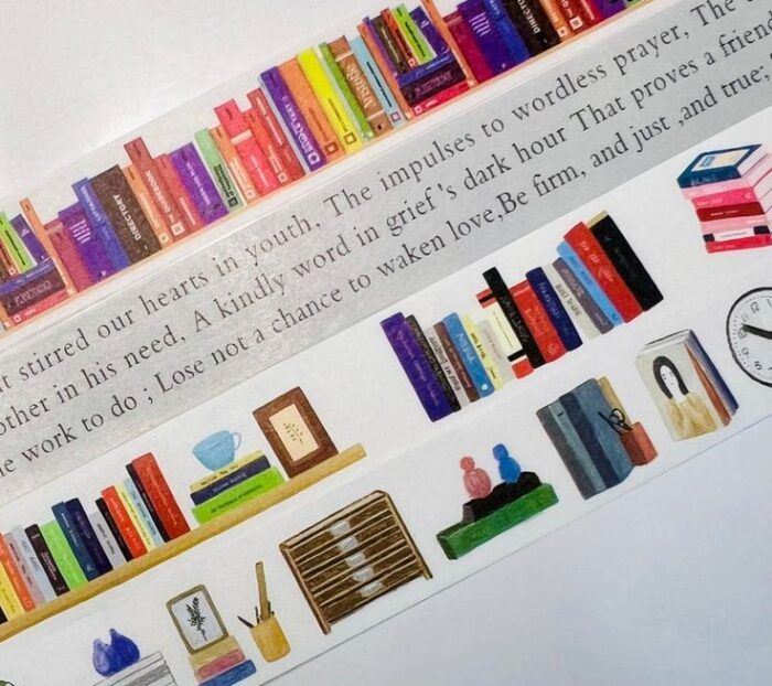 image of four different strips of washi tape decorated with books and text 