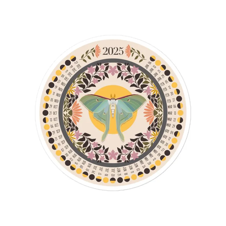 Circular sticker with lunar calendar around the edges and a moth in the center