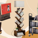 a collage of book carts, a bookshelf lamp, and bookshelf organizers