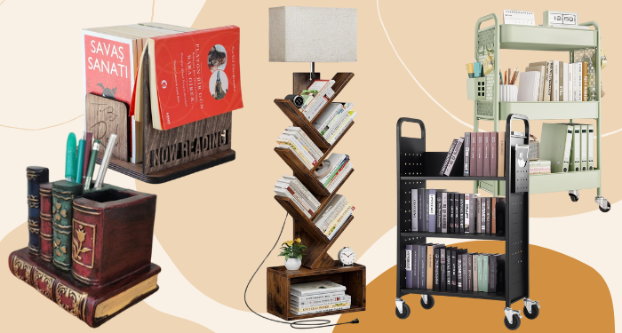 a collage of book carts, a bookshelf lamp, and bookshelf organizers