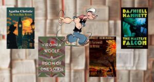 covers of four books entering the public domain in 2025 and an image of cartoon character Popeye