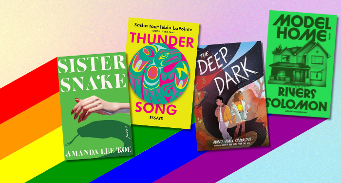 a collage of queer books against a rainbow background