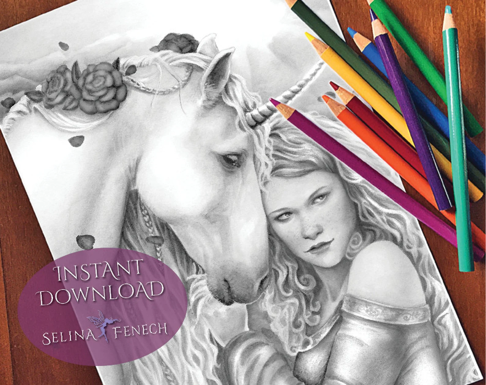 a coloring page of a unicorn and a girl by Selina Fenech on Etsy