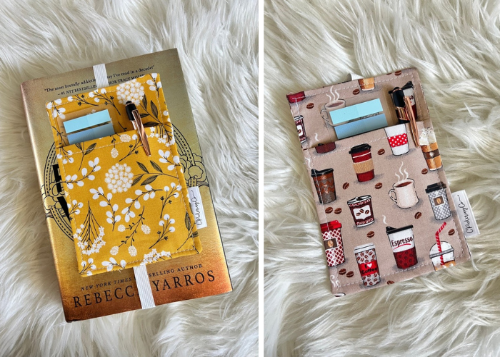 fabric pockets that slide onto books with elastic