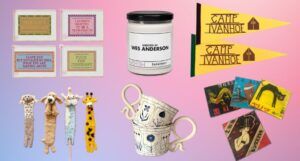 items to decorate a Wes Anderson-themed reading nook, including felt bookmarks, wall penants, coasters, and teacups