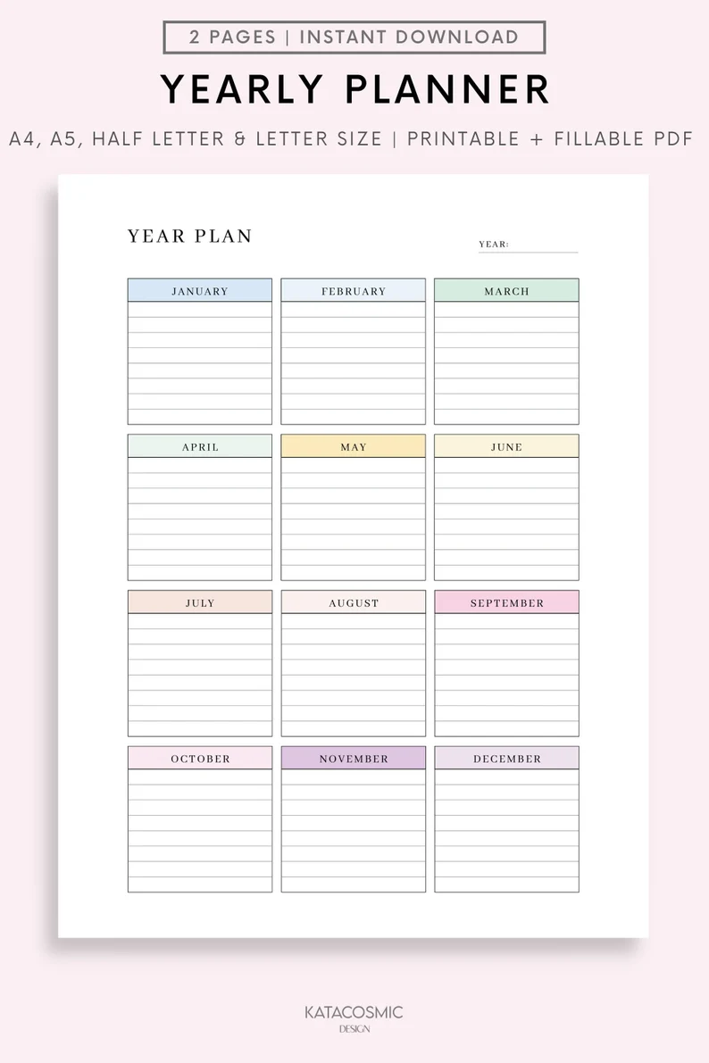 Yearly planner with boxes for each month