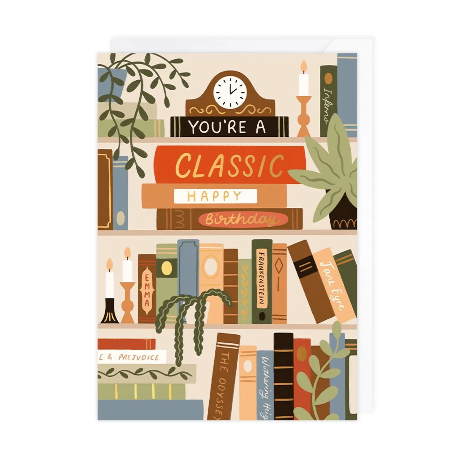 Image of a birthday card that has books on a shelf. It says "you're a classic. happy birthday."