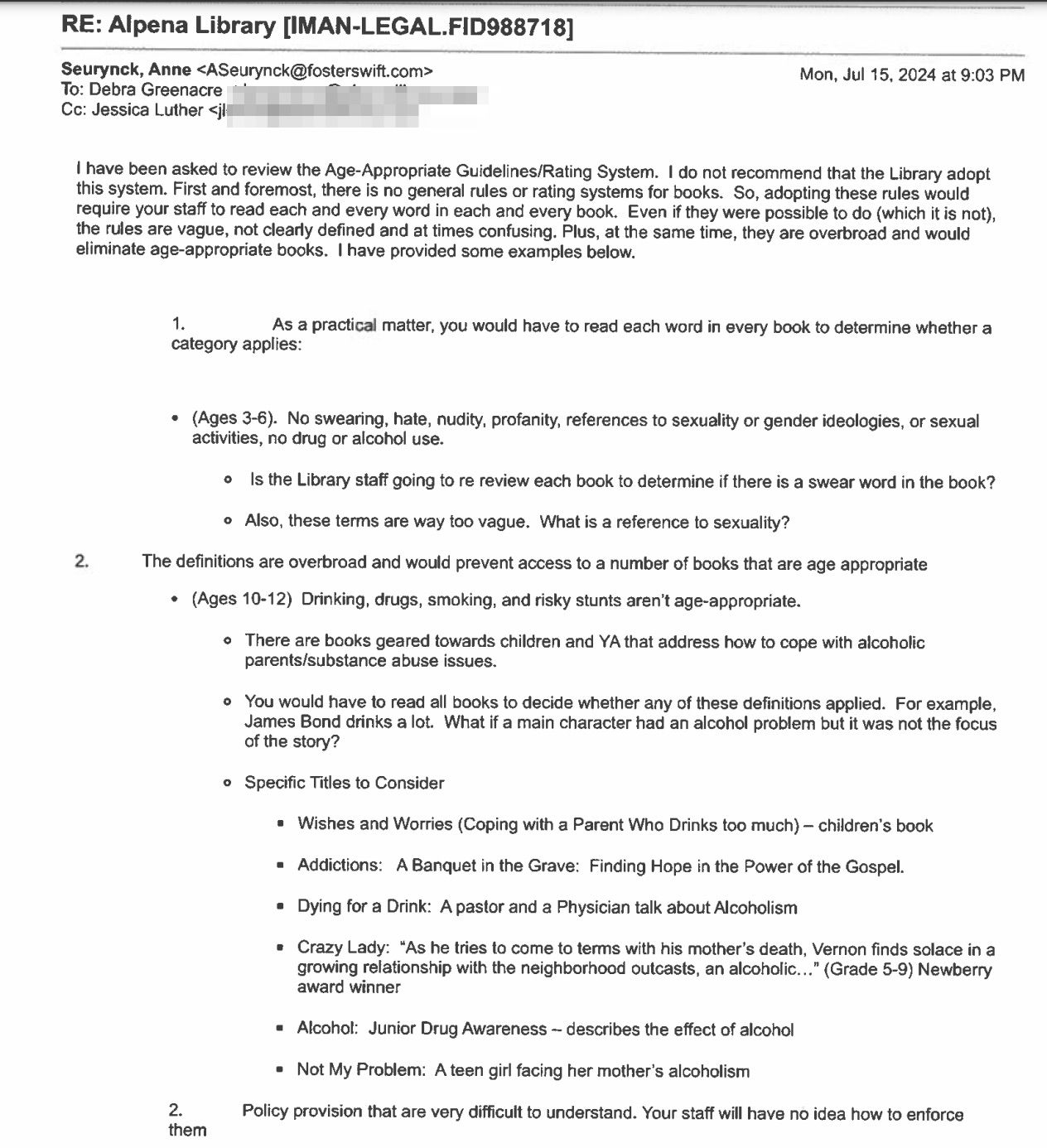 Image of the letter from Alpena Public Library's legal review of their collection management policies. The full text is available in the board packet linked in the image. 