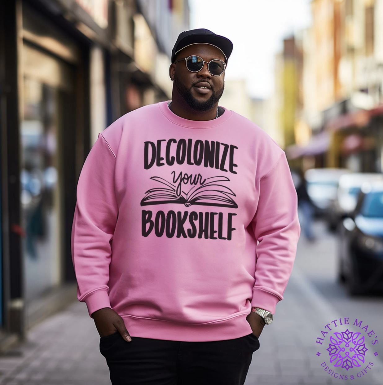 Photo of someone wearing a pink sweatshirt with an illustrated open book and the text "decolonize your bookshelf" in black