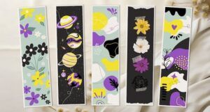 a set of bookmarks in designs using nonbinary pride flag colors