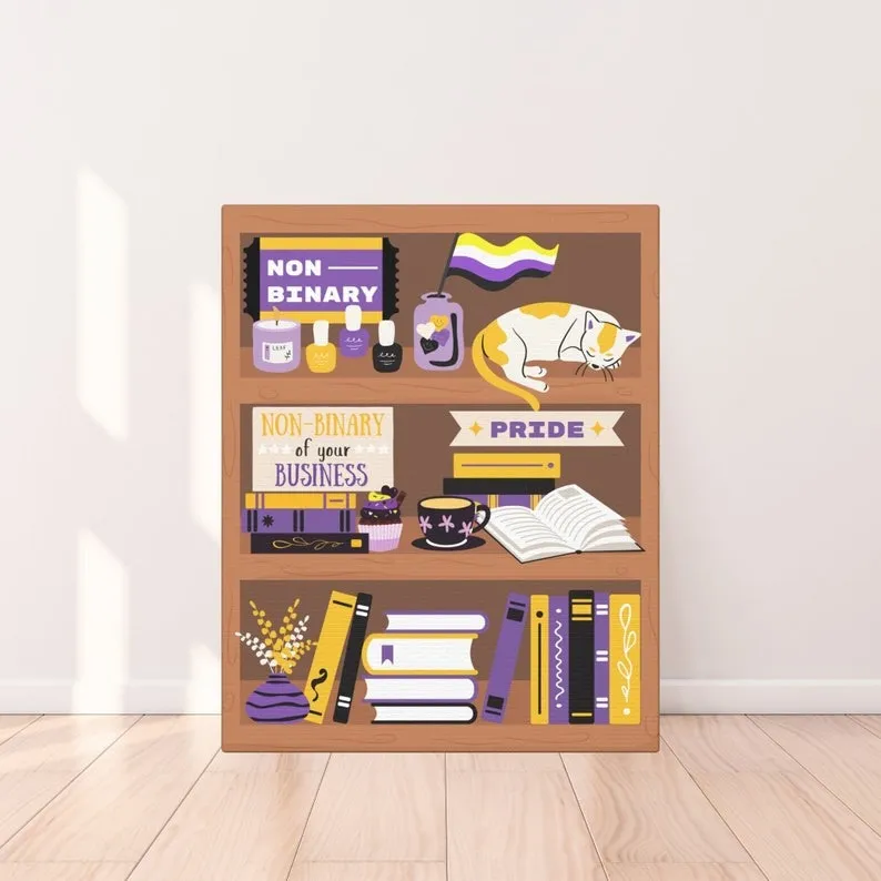 a print of a bookshelf in nonbinary pride flag colors