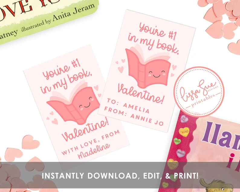 Valentines cards that say "you're #1 in my book" with a pink book illustration