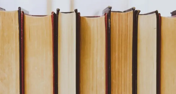 books lined up in a row not showing spines