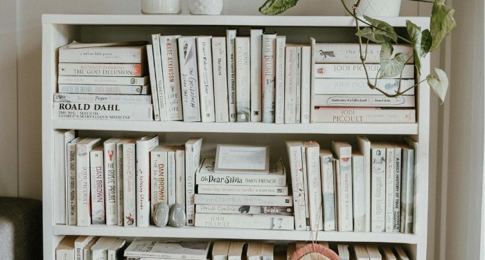 bookshelf filled with white books