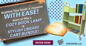 Call to action for entering a giveaway for a book lamp and library cart giveaway.