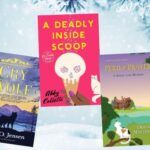 five covers of cozy mystery novels set during the winter