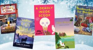 five covers of cozy mystery novels set during the winter