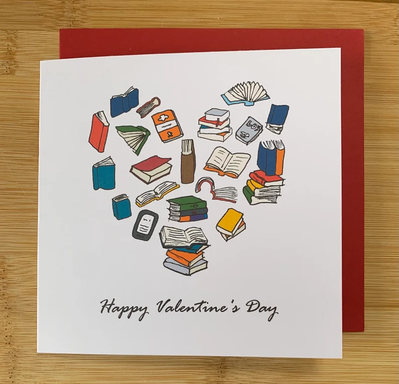 Valentine's Day Card with book themed doodles in a heart shape