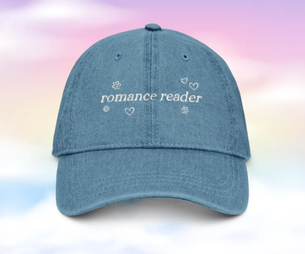 Blue hat that says "romance reader"