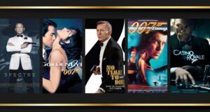 five movie posters for movies in the James Bond franchise starring Daniel Craig and Pierce Brosnan