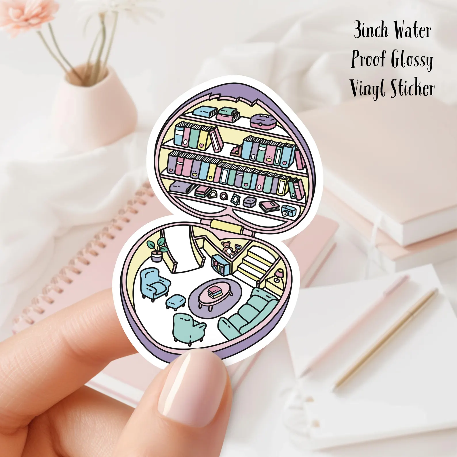 Image of a sticker in the shape of a Polly Pocket compact. It is designed like a home library. 