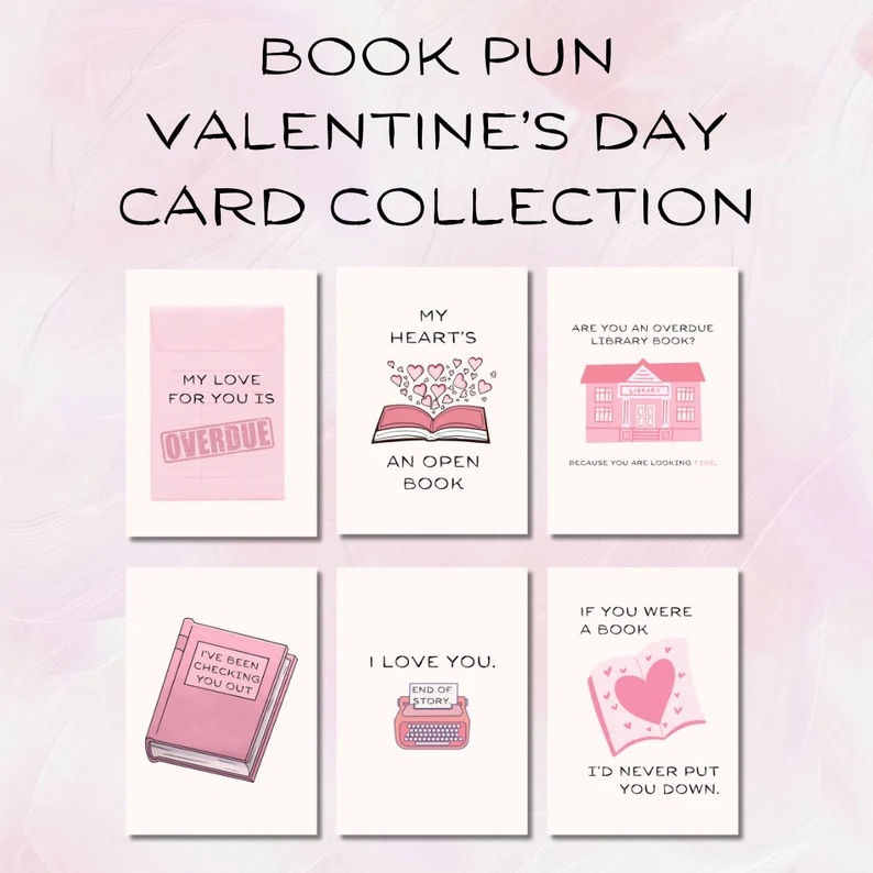 Collection of six, library pun themed Valentine's cards in shades of pink.