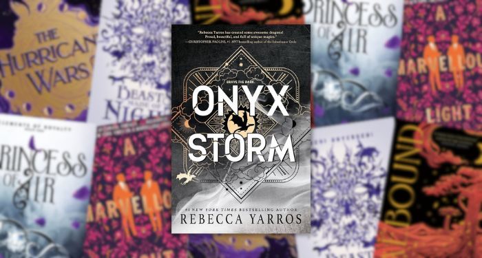 blurred collage of five covers of romantasy novels behind the cover of Onyx Storm by Rebecca Yarros