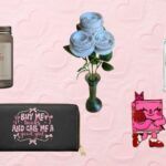 collage of gifts for readers, including a candle, a bouquet made of book pages, and a bottle of perfume