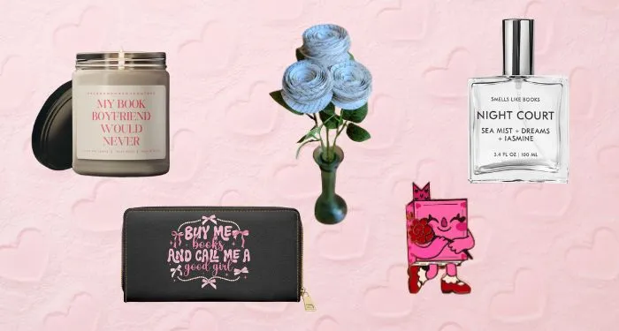 collage of gifts for readers, including a candle, a bouquet made of book pages, and a bottle of perfume