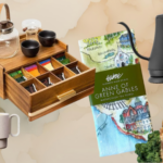 a collection of tea goodies, including a kettle, mugs, and tea organizer