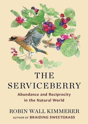 Book cover of The Serviceberry: Abundance and Reciprocity in the Natural World by Robin Wall Kimmerer and illustrated by John Burgoyne