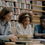 three people, of different skin tones and genders, sit together in a library while looking at the same book