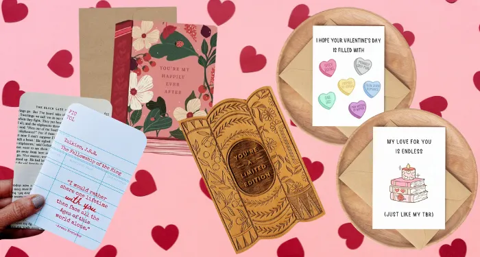 a collage of bookish valentine's day cards