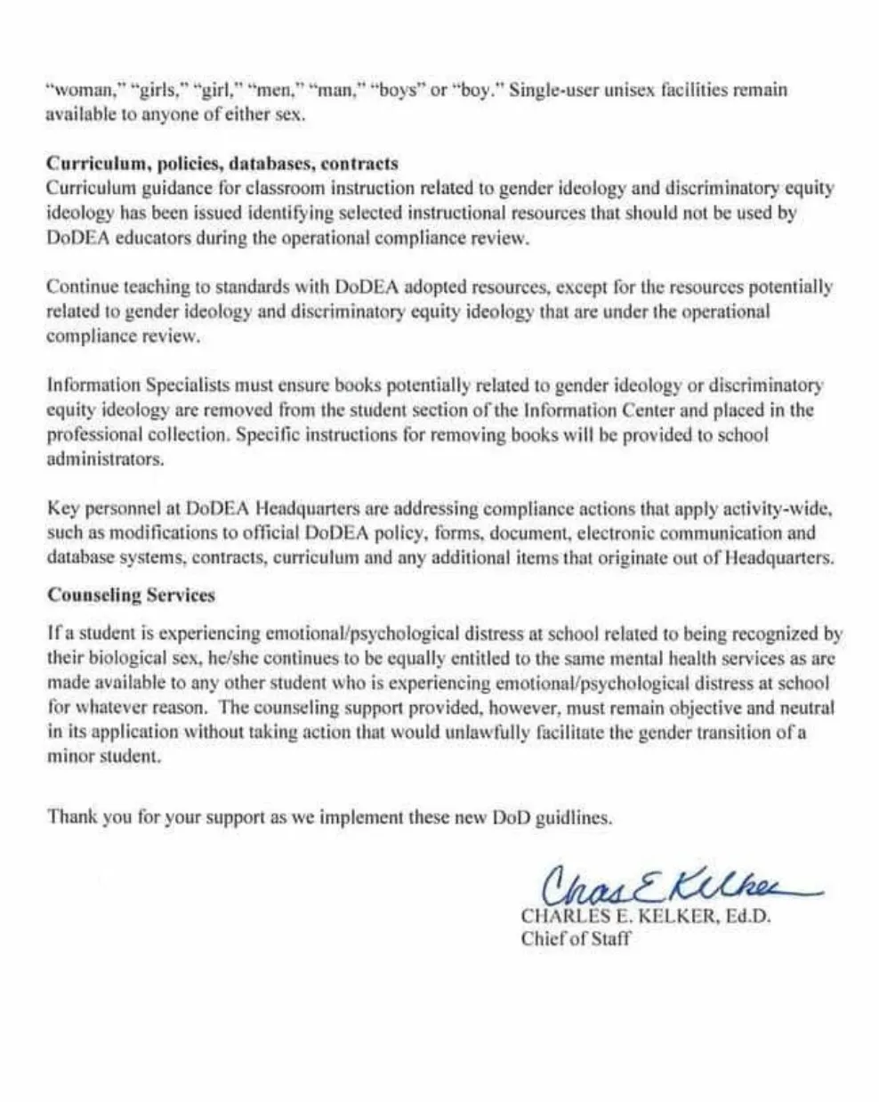 Page two of the Department of Defense Education Activity Europe letter requiring compliance with executive orders around gender and dei initiatives.