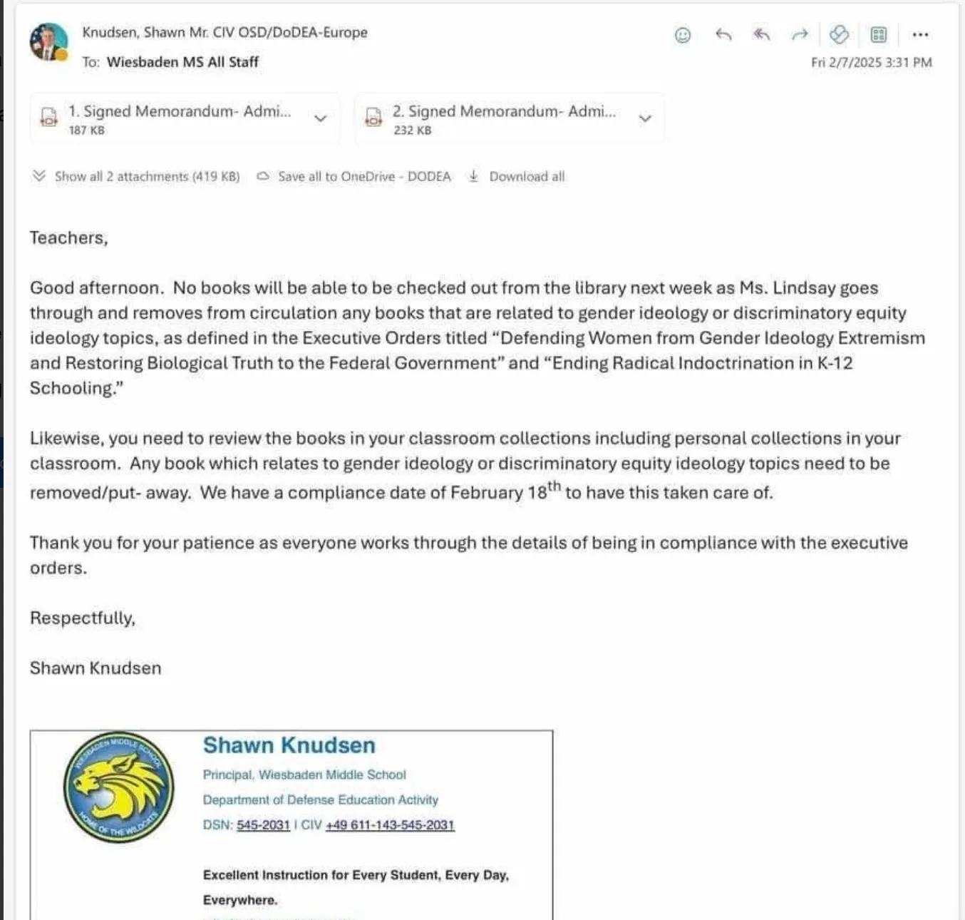 Letter from principal of Weisbaden Middle School to all teachers noting that "no books will be able to be checked out from the library" as the librarian begins pulling books from circulation that might fall under the executive orders. 