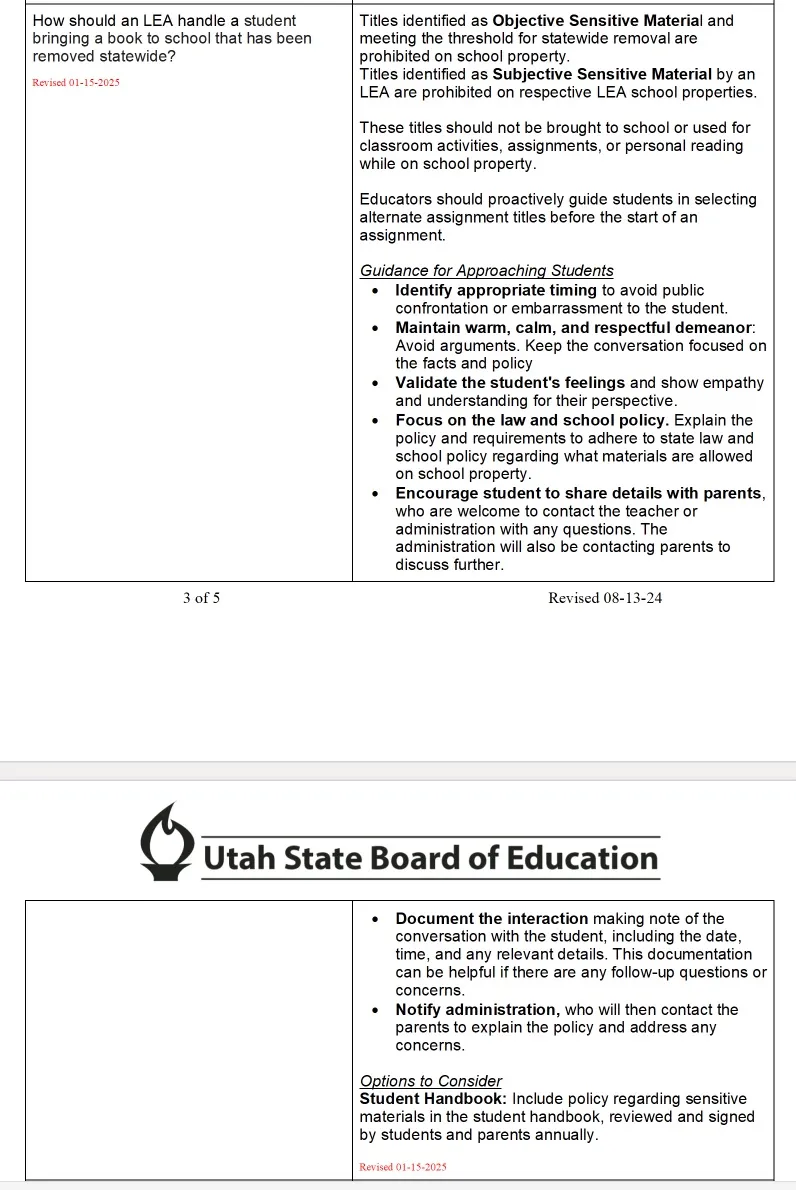 Image from the Utah State Board of Education FAQ document outlining how to approach a student with a banned book. It can be read here: https://usbe-my.sharepoint.com/:w:/g/personal/davina_sauthoff_schools_utah_gov/ESTM8eFrcVZMmNIClYlU8qsBeNmBhuTkjol8MOrTQsdNOw?rtime=87Jq20pE3Ug 