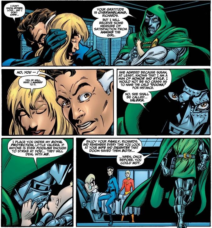 Doom names the Richards' daughter Valeria and vows to protect her before tweaking Reed over his inability to protect his family.