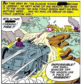 A tank attacks a caravan owned by a young Victor von Doom. The narration describes how Doom gave all of his money to the poor.