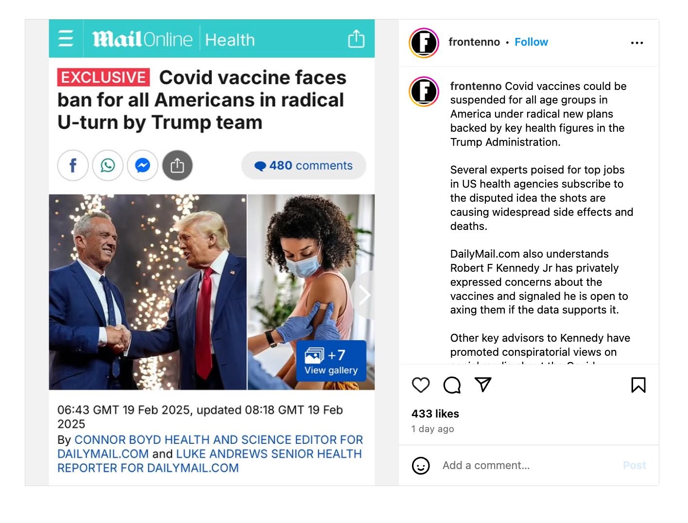 Image from an instagram account. It has a lengthy explanation of a story about how covic vaccines could be suspended for all age groups. It uses a headline and screen shot of the Daily Mail Online. The headline reads "Covid vaccines faces ban for all Americans in radical U-turn by Trump team."